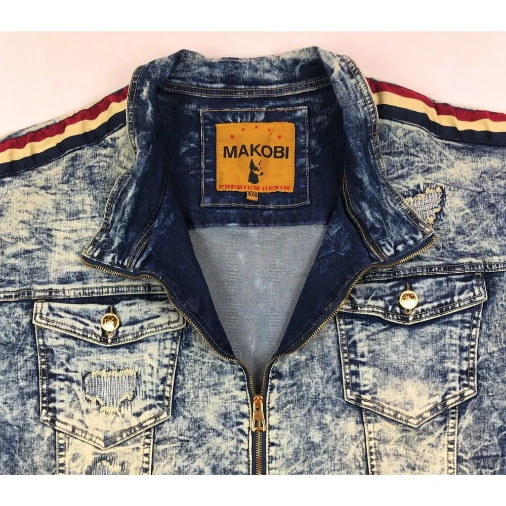 Makobi Mens 6XB Acid Wash Blue Denim Jean Track Jacket Distressed Faded Stripes - Picture 5 of 12